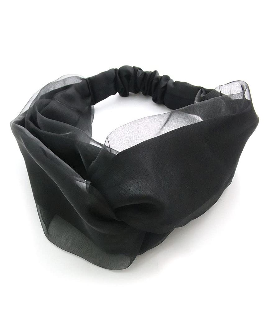 VINGTAINE Organza Satin Cross Turban Sheer and Headband, Elegant, HB-115-BK
