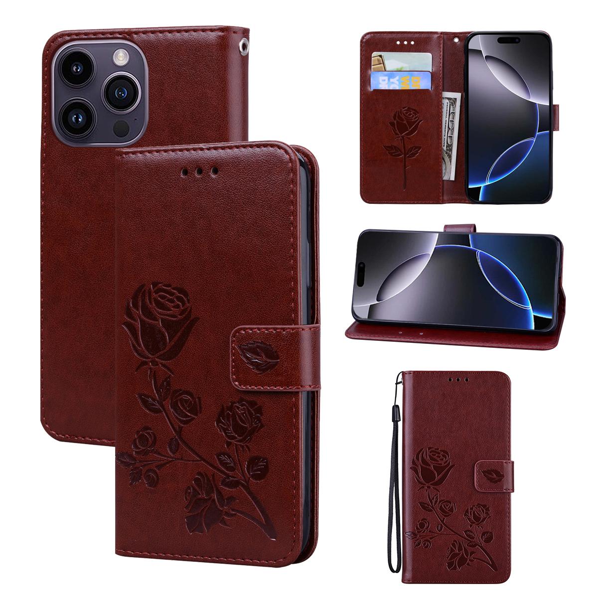 

For iPhone 15 Pro Case Rose Pattern Leather Wallet Phone Cover with Strap Brown