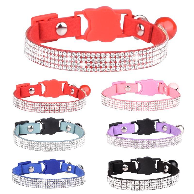 Pet Collar Shiny Rhinestone Color Anti-bridle Suede Soft and Comfortable Bell Style Cat Leash Collar