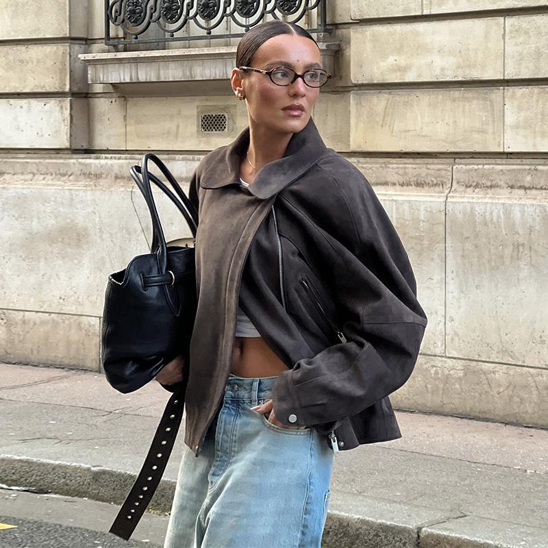 Fashion Women's Short Suede Jackets Belt Lapel Puff Long Sleeve Zipper Pockets Coats 2025 Spring Lady Vintage Street Outwears