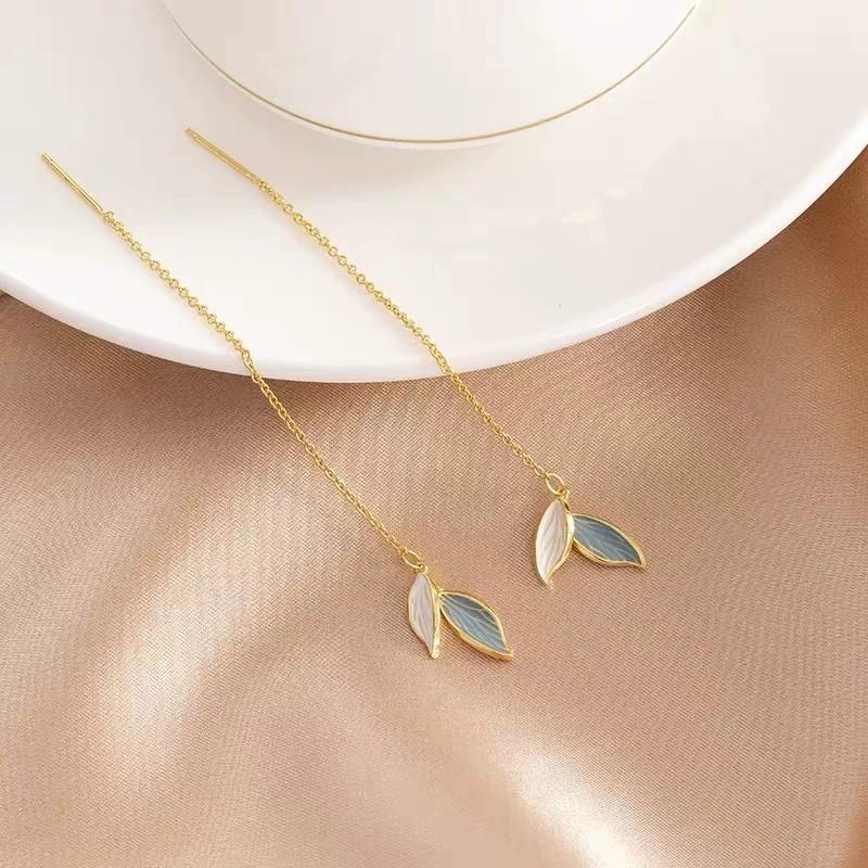 Fashion Jewelry 925 Sterling Silver Enamel Leaf Tassel Chain Earring for Women Simple Casual Earring Piercing Jewelry