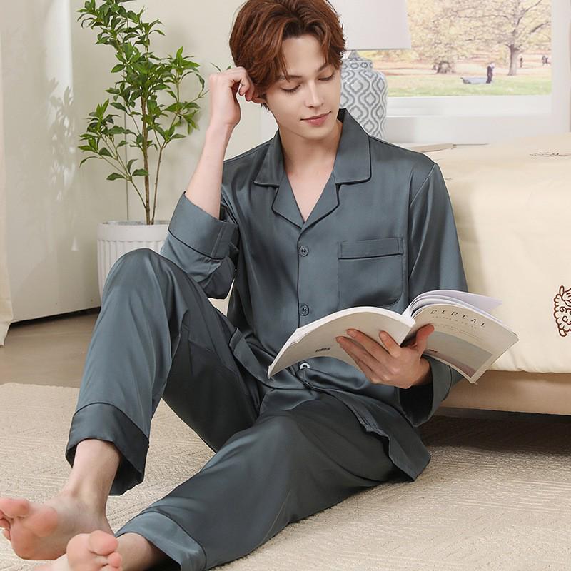 Men's Silk Long Sleeve Pajama Set - Thin Ice Silk Couples Home Wear