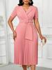 Elegant V-neck Pleated Plus Size Short Sleeve Dress