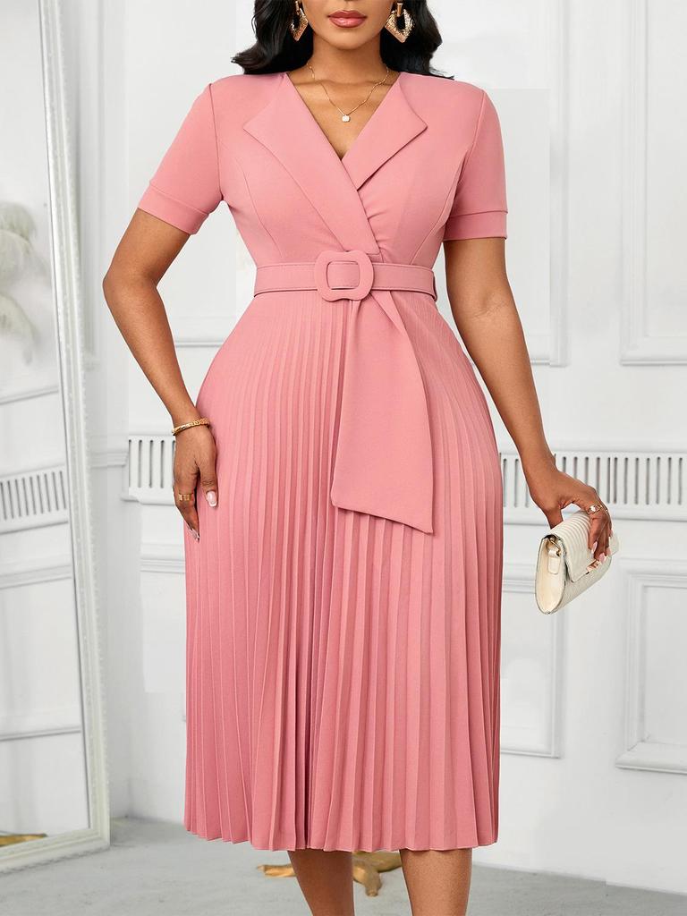 Elegant V-neck Pleated Plus Size Short Sleeve Dress