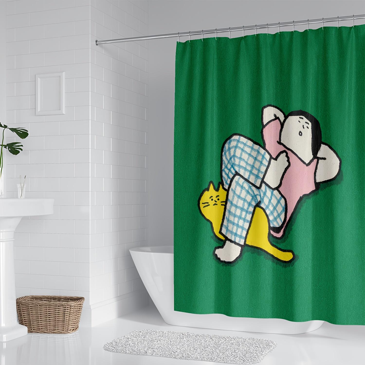 1pc Shower Curtain - Cute Cartoon Character with Yellow Cat on a Green Background Design Waterproof W90XH180cm