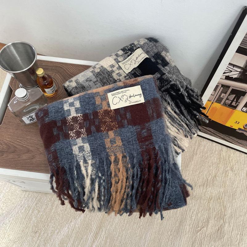 High-end Mosaic Plaid Scarf Female Korean Version Warm Thickened Plaid Student Scarf Couple Shawl Winter