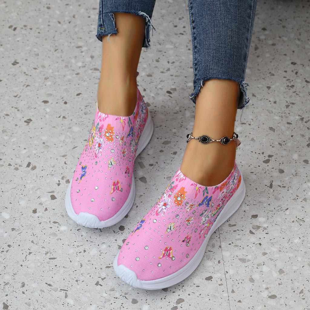 Plus Size Women's Shoes Spring Breathable Sports Casual Shoes Rhinestones Rainbow Shiny Fly Knitted Shoes Platform Running Shoes Women