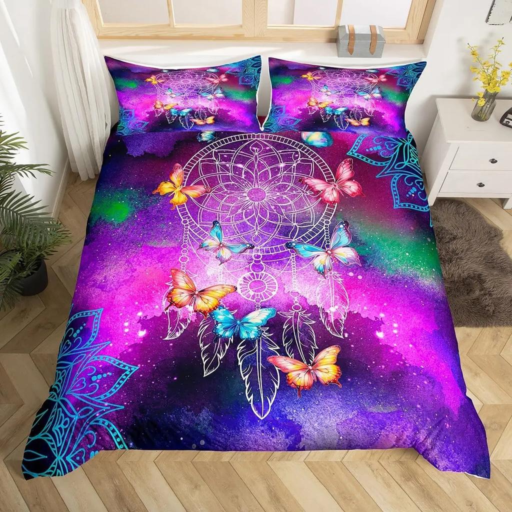 Conjunto de Cama Apanhador de Sonhos Boho Mandala Capa de Edredom Solteiro King, Capa de Edredom Exótica Tribal Pena Céu Estrelado Galáxia