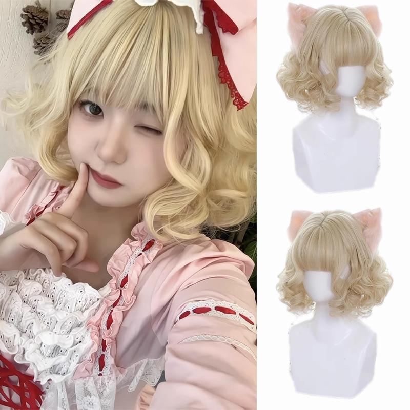 Synthetic Short Lolita Cosplay Christmas Halloween Bob Wig Wave Female Wig with Ponytail Natural Fake Hair for Women