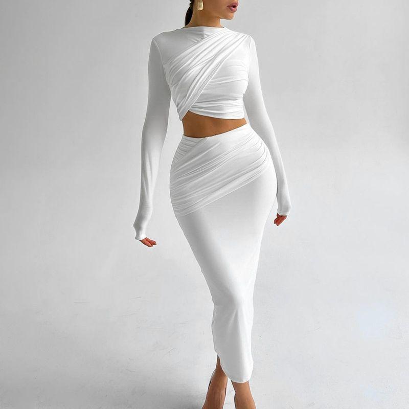 Western Style Women clothes 2025 Autumn and Winter Foreign Trade New round Neck Long sleeve Crop Slim fit Skirt Two-piece Suit