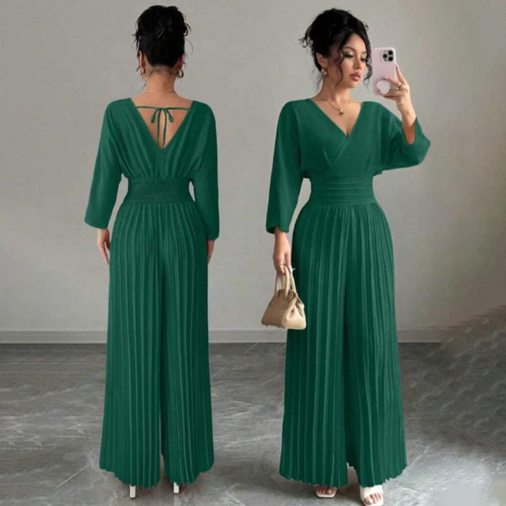 Women's V Neck Long Sleeve Jumpsuit Loose High Waist Elegant Solid Pleated Wide Leg Romper