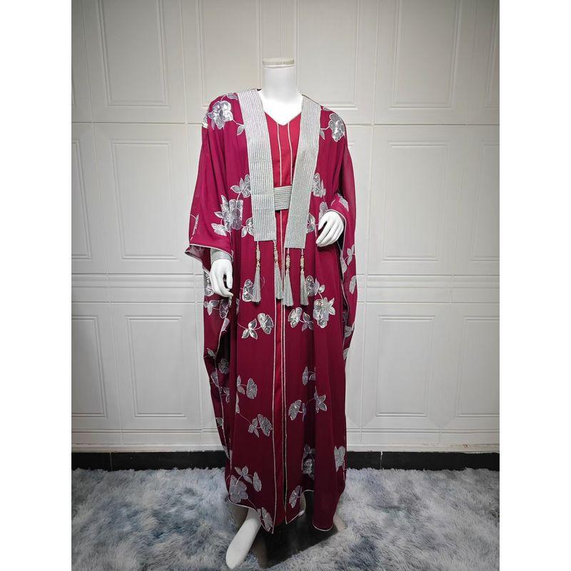 

Middle East Embroidered Robe Dress Two-Piece Embroidered Long Skirt Two-Piece Set Jujube Red S
