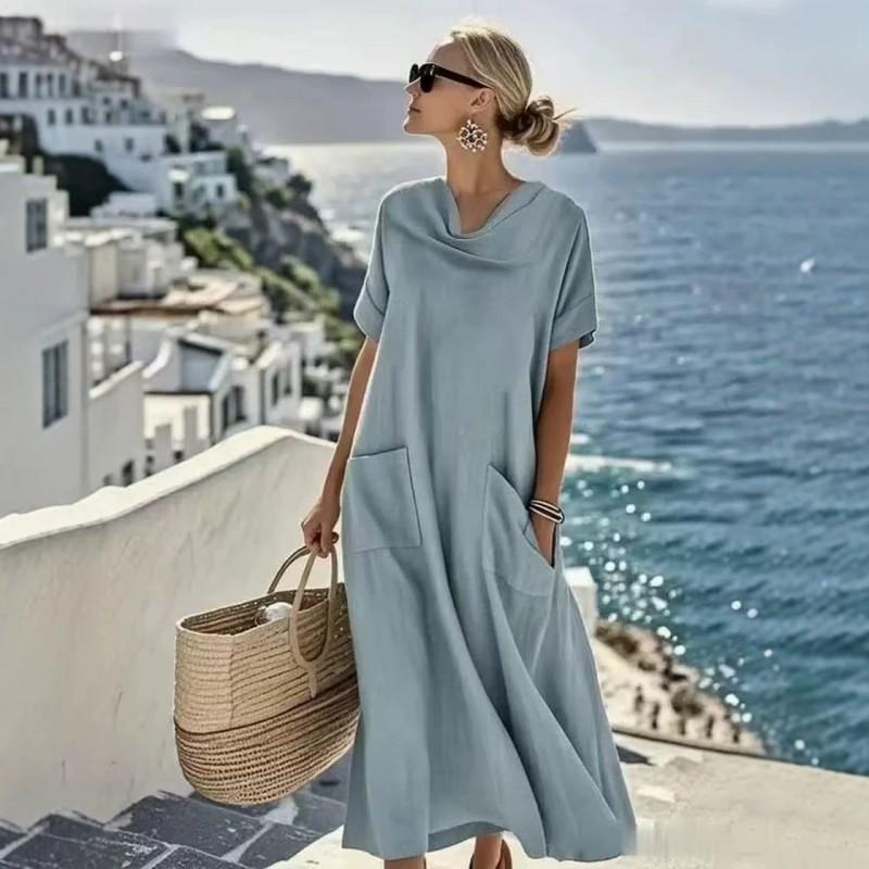 Womens Loose Short Sleeve Asymmetrical Neck Maxi Dress With 3D Print Plus Size Comfortable Casual Skirt