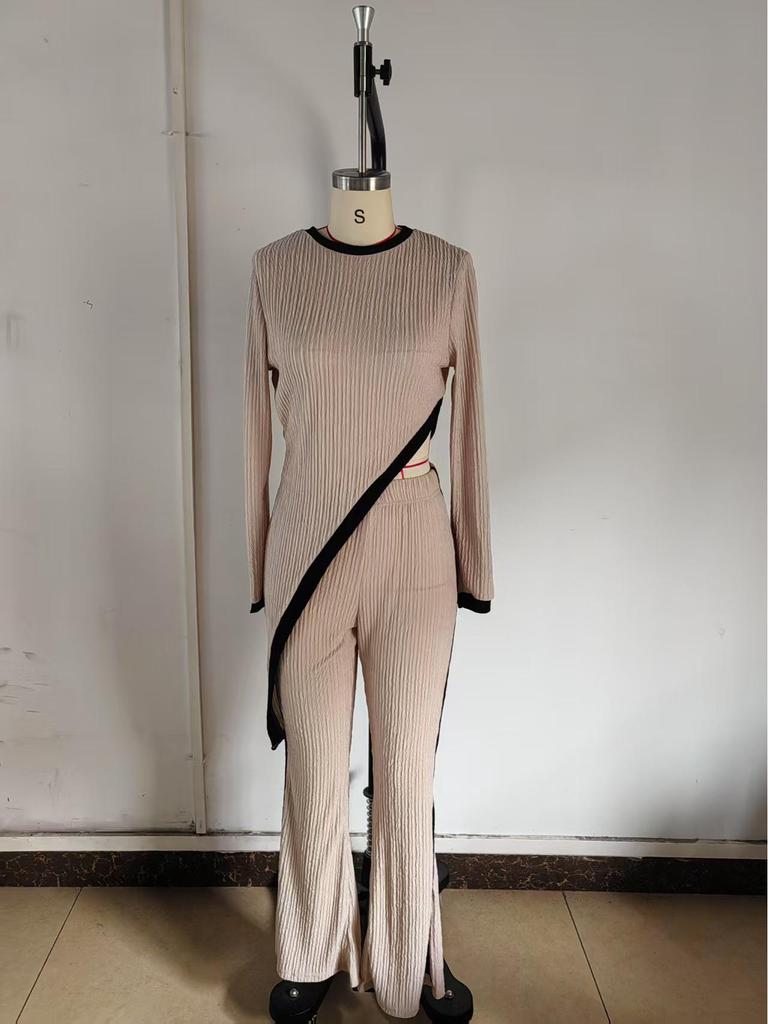 2025 Spring/Summer Women's Color-Block Long-Sleeve T-Shirt & Patchwork Pants Set