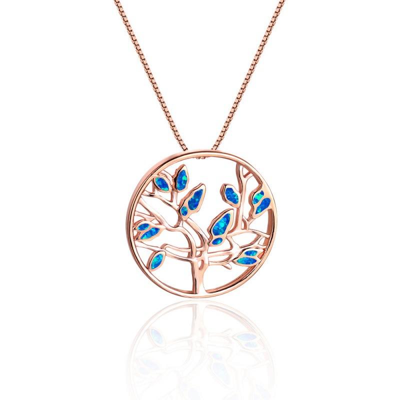 Korean style rose gold white gold blue and white lucky tree tree of life round pendant versatile necklace