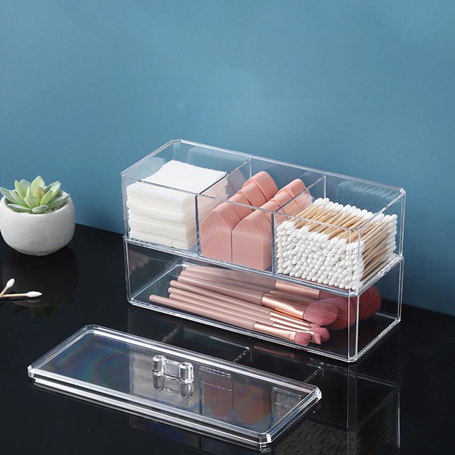 Clear Bathroom Dresser Organizer Cotton Ball Swab Holder with 3 Divided Compartments, Storage Containers, Vanity Makeup Organiza