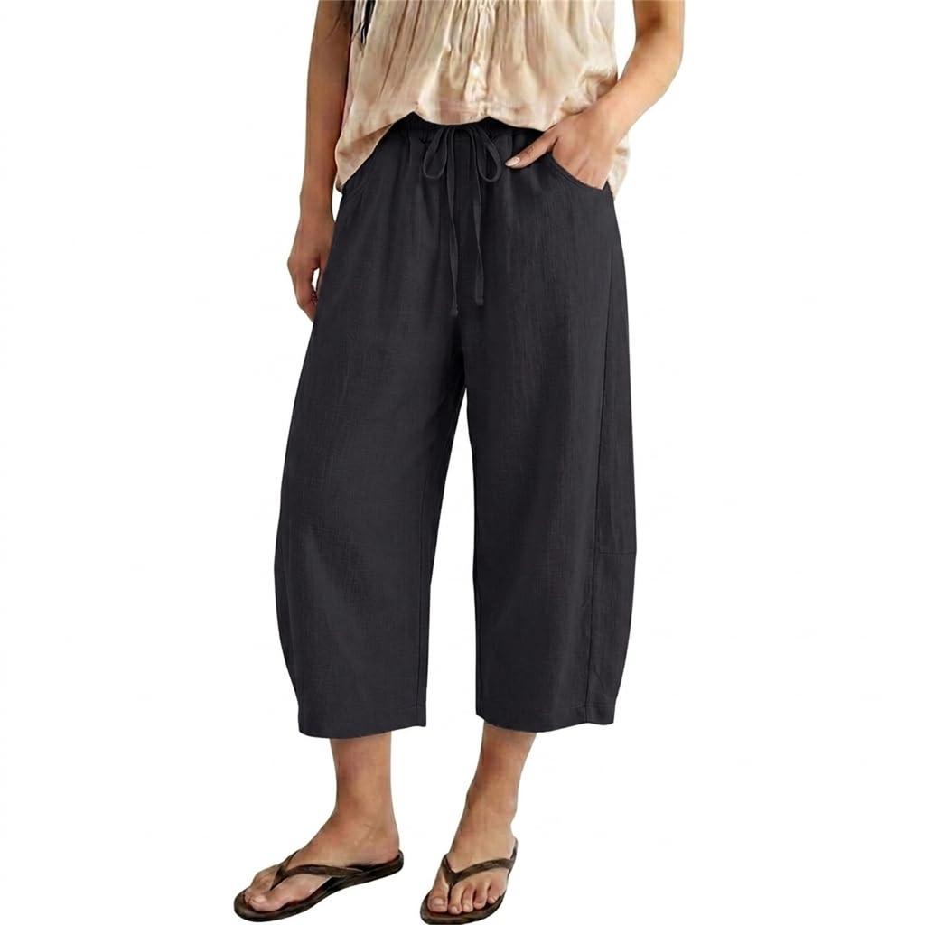 Women's Short Linen Flared Pants With Drawstring, Wide-Leg Cotton Cropped Pants
