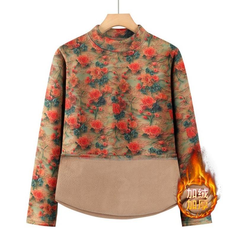 Autumn and Winter Long-sleeved Semi-turtleneck German Velvet Bottoming Shirt for the Elderly Velvet Underwear Floral Warm Autumn Clothes