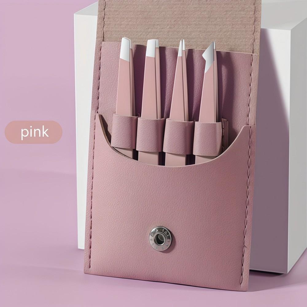 4Pcs/Set Stainless Steel Eyebrow Tweezers Set Oblique Mouth With Storage Bag Beard Tweezers Pointed Tip Eyebrow Tweezers