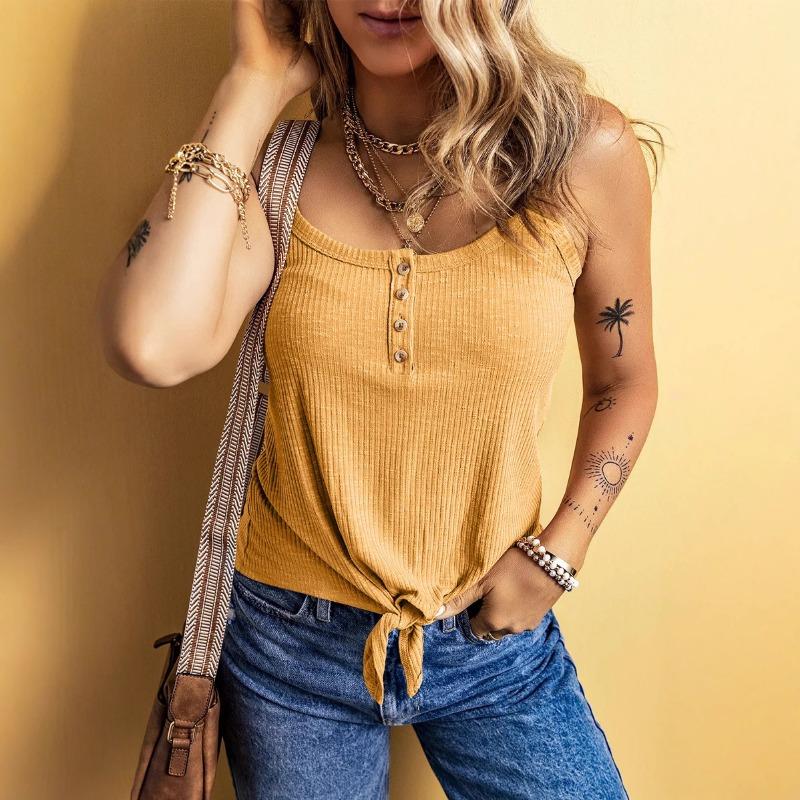 Womens Ribbed Knit Button Down Tie Hem Cami Tank Top
