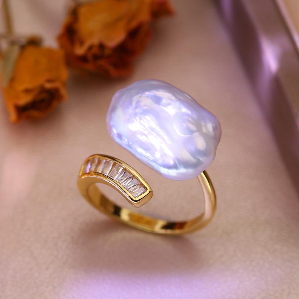 SENIKO 12-16mm Natural Freshwater Pearl Rings For Women Fashion Female Cubic Zirconia CZ Ring Pearl Jewelry Adjustable Ring