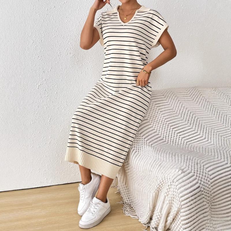 Women's Summer Sexy Knitted Striped V Neck Long Dress