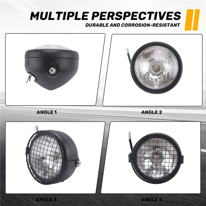 Authentic Retro Vintage Motorcycle Universal Side Mount 35W 6.5 Inch Transparent Headlight Cafe Racer With Grille + Bracket Kit silver  black