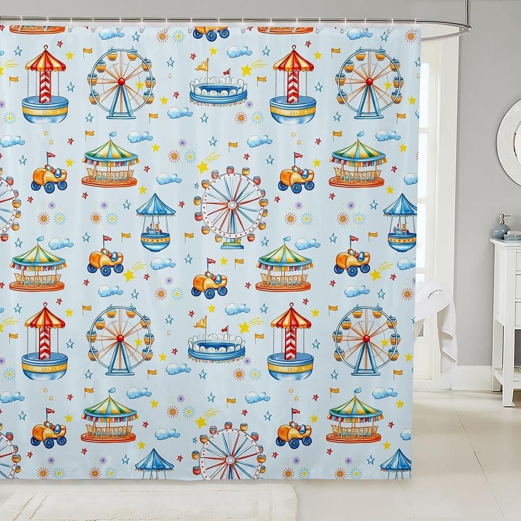 Cartoon Circus Bathroom Curtains Happy Holiday Shower Curtain Sets for Kids Boys Girls Funny Ferris Wheel Shower Curtain Funny