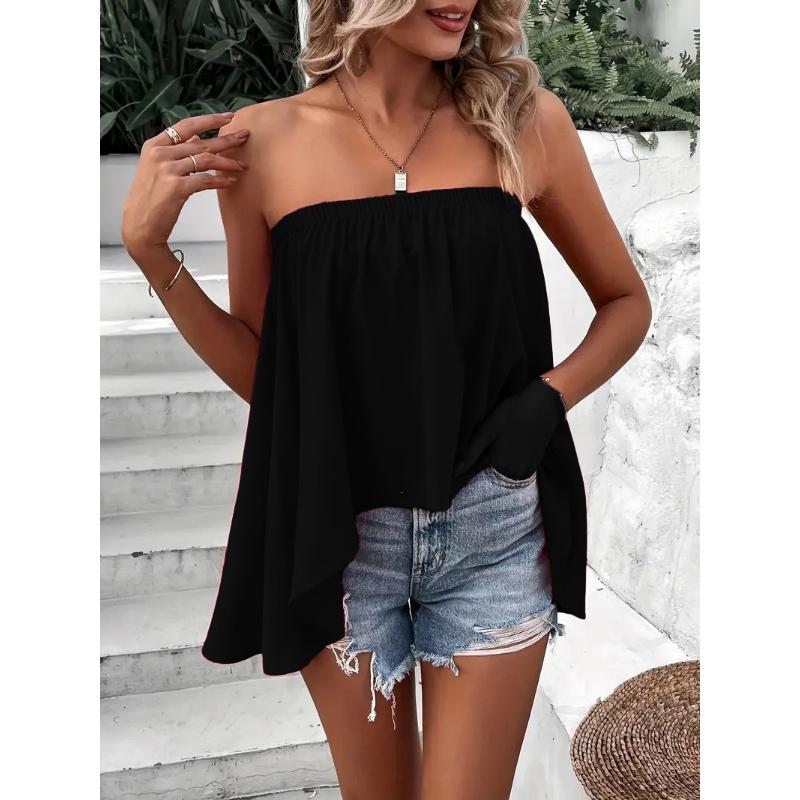 Damen Unifarben Trägerlos Schulterfrei Fließend Schwingend Schlauchoberteil Lässig Sommerurlaub Camisole
