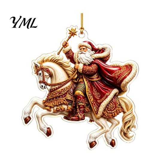 Christmas Fireplace Ornament Santa Riding Horse Ornament, Acrylic Hanging Pendant with String, Indoor Outdoor Decor Festive Tree for Living