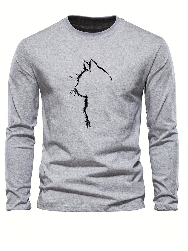 Men's Loose and Comfortable Sports and Leisure Cat Pattern Printed Round Neck Long Sleeved T-shirt Top