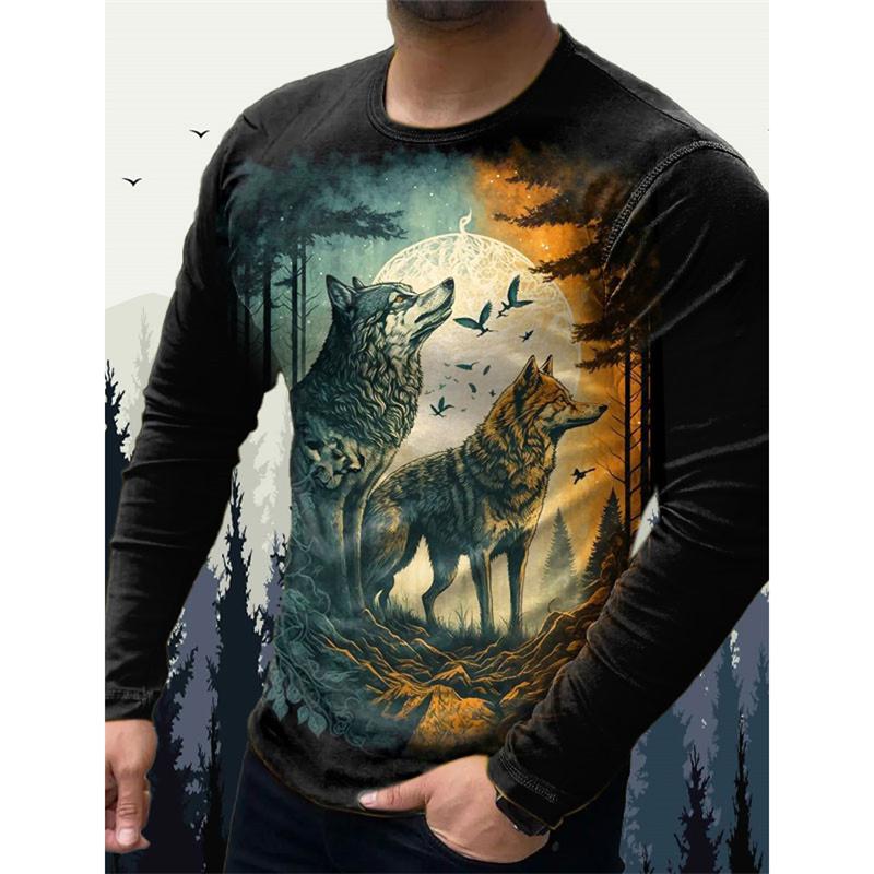3D Printed Wolf Eagle T Shirt For Men Vintage Animal Pattern Tees Spring Autumn Long Sleeves O-Neck Tops Loose Street T-Shirts