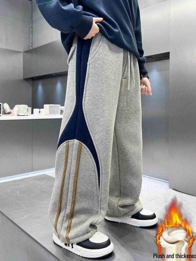 Boys' Thick Fleece-Lined Velvet Sweatpants – Warm Autumn/Winter Pants with Spliced Line Design
