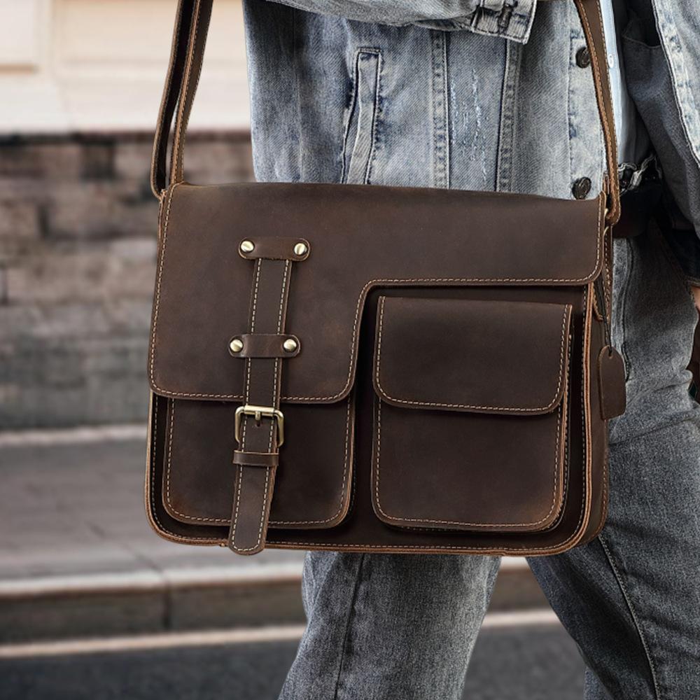 Head Layer Cowhide Shoulder Bag, Genuine Leather, High-end Feeling, Crossbody Men's Leather Bag, Crazy Horse Leather, Personalized Mailman Backpack