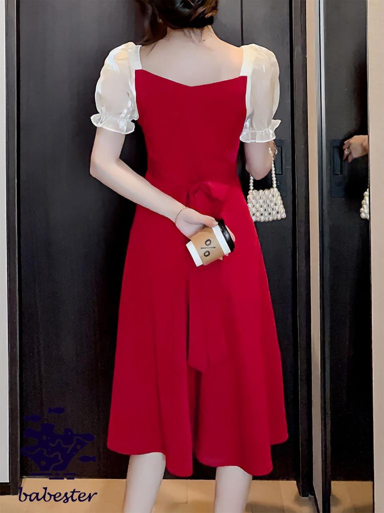 Babestar Party Size Perfect for and Dress, Lace, Knee-Length, Sleeved, Red, 5/8 Sleeves, L, Elegant, Cute, Slimming, Elegant, Stylish, Flattering,