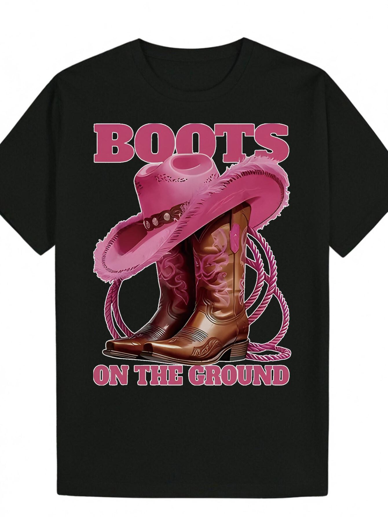 

Western Cowboy Graphic T-shirt - Boots & Hat Design Black with Pink Accents - Lightweight Breathable Polyester Shirt for Country Music Festivals S