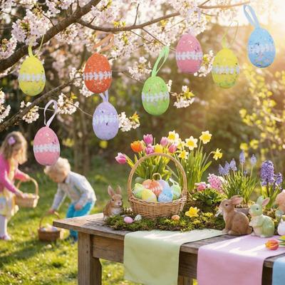 6Pcs Colorful Foam Easter Eggs Pendant DIY Craft Glitter Fake Easter Eggs Egg Props with Ribbon Easter Egg Decorations
