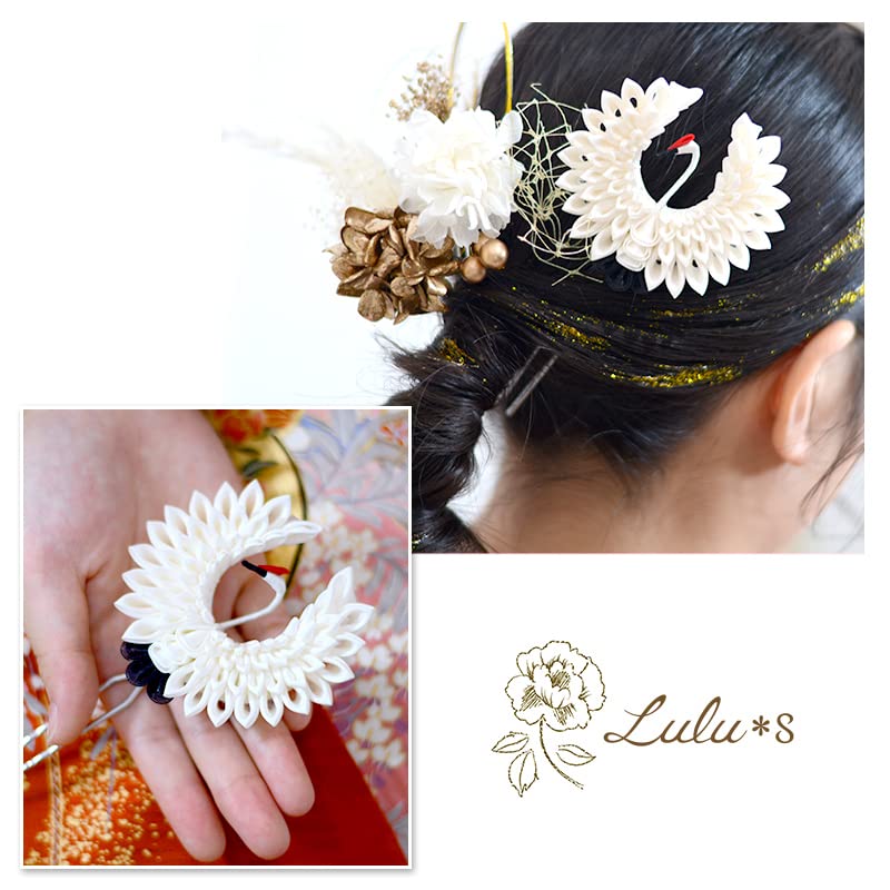 Crane Round Hairpin or Artificial Perfect for and with wings Crane Round Lulu's Tsumami-zaiku Headpiece, Dried, Preserved, Flowers, Weddings,