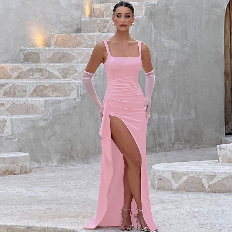 Abito da sera da donna stile INS europeo e americano, abito lungo, moda estiva, sexy, con spalline, schiena scoperta, spacco alto