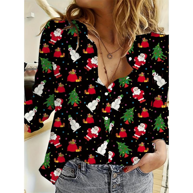Christmas Women's Wear Casual Relaxed-Fit Button-Down Shirt Christmas Tree And Santa Claus Print Stylish Collared Shirt