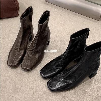 Cowhide Version~ Su Yinyin'S Same Washed Shrinkage Horse Leather Rear Zipper Thick High Heel Square Head Short Boots Women'S Thin Boots Autumn
