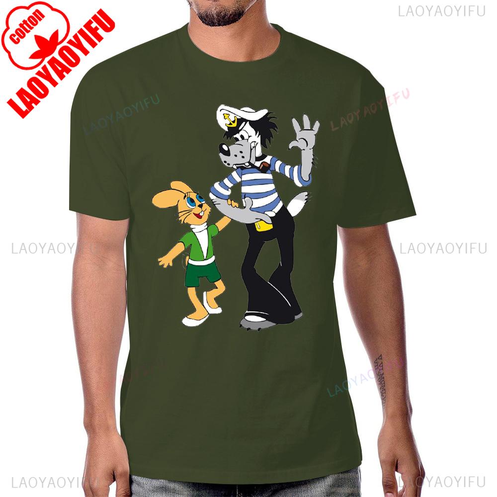 Wolf and Rabbit Nu Pogodi Cartoon Graphic Animation Tshirt Casual Fashion Loose Short Sleeve Cotton Tshirt Summer Man T Shirt