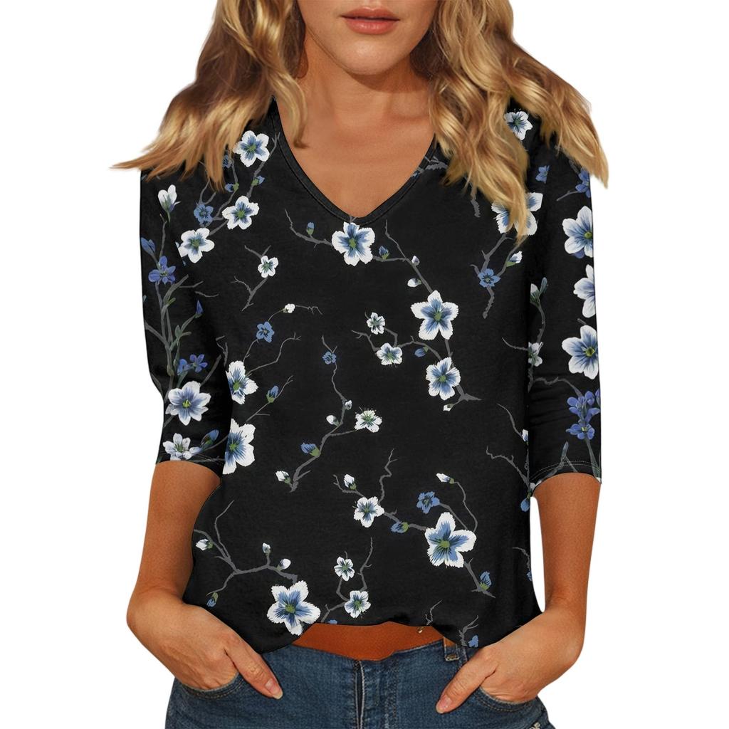 Women's Casual Fashion Sexy Comfortable V-Neck Floral Seven Sleeve Top
