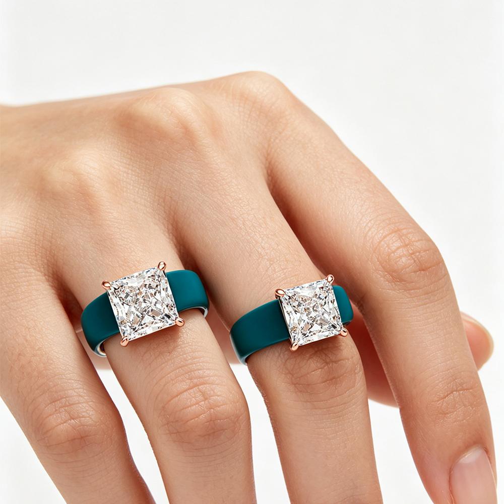 s Teal Silicone Ring with Square CZ Zircon Rose Gold Prong Setting Engagement Band for Women Stackable Comfort Fit Wedding Je