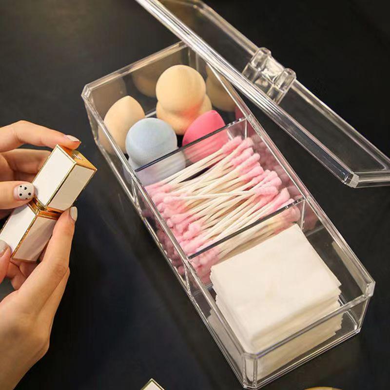 Transparent Acrylic Nail Art Storage Box with Cover - Three Compartments for Cotton Sheets, Swabs, and Powder Puff - Dustproof Beauty Egg Holder