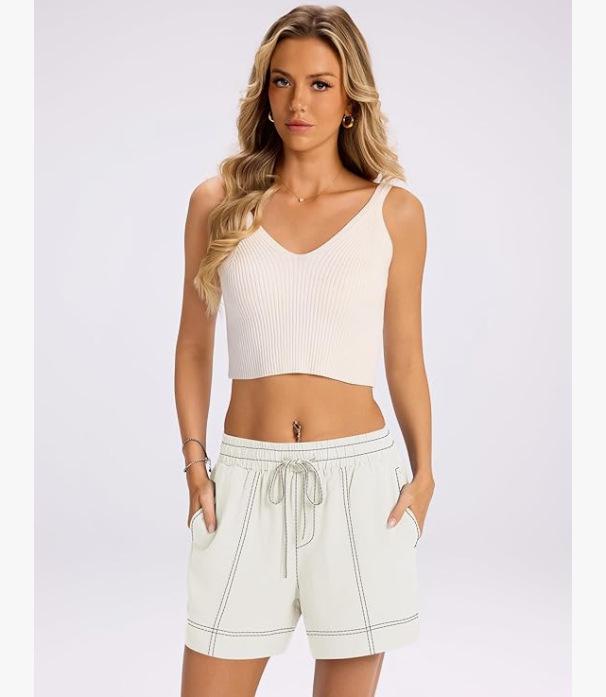 

Women s Elastic Waistband Casual Shorts with Drawstring, Contrast Stitching, and Pockets (2026) Small белый
