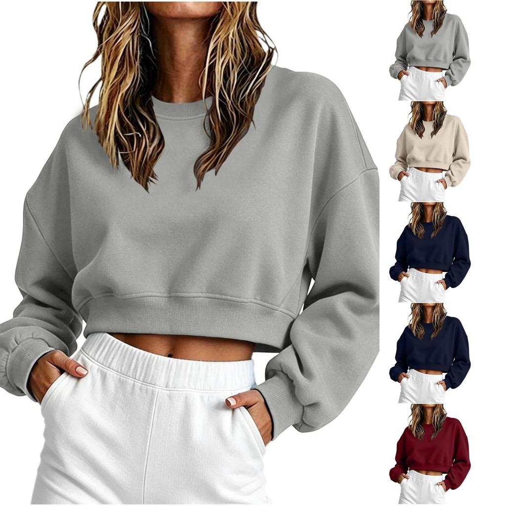 Women's Casual Cropped Sweatshirt Long Sleeve Pullover Crewneck Relaxed Fit Lightweight Top for Everyday Wear