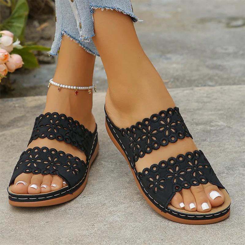 Hollow Out Flower Wedge Sandals Women Summer 2025 Soft Bottom Slip On Platform Slides Woman Plus Size 43 Heels Rome Shoes Woman