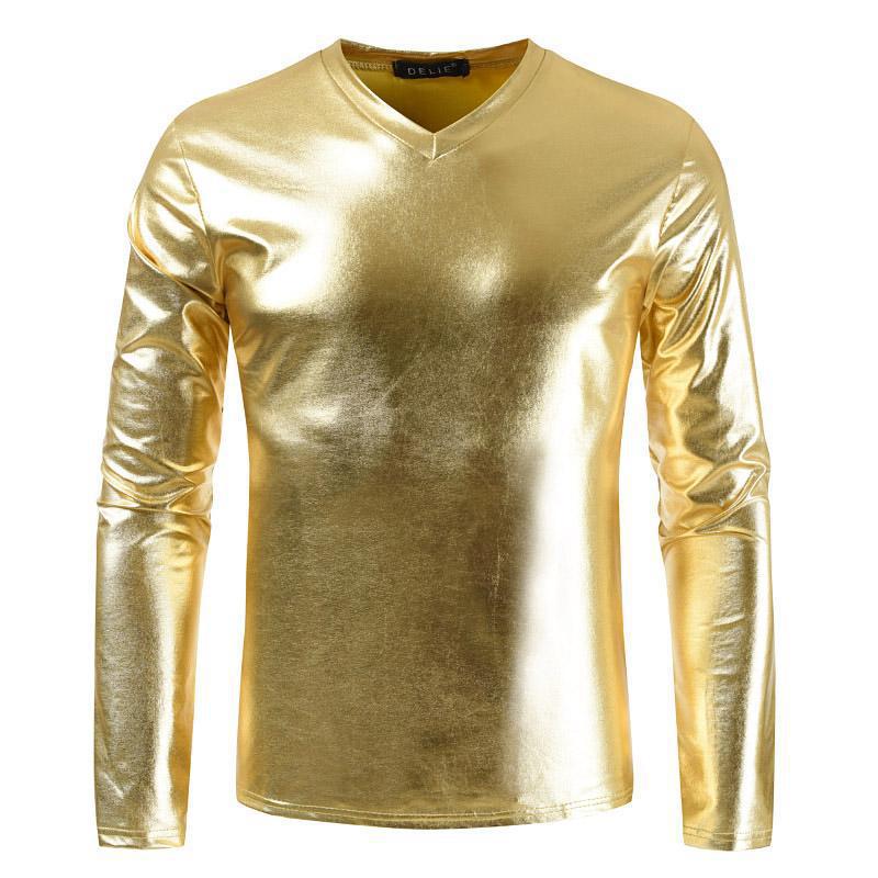 Herren T-Shirt mit V-Ausschnitt, glänzend, langärmlig, einfarbig