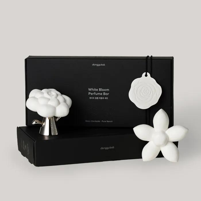 Donggubat White Bloom Perfume Bar Set (2 Perfume Bars, Silver Petal Soap Dish, Gift Package)